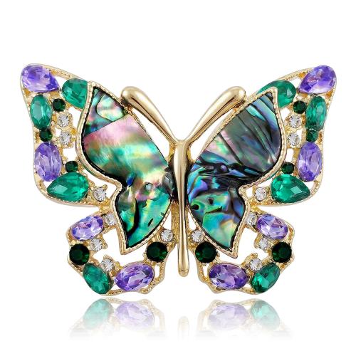 alliage de zinc broche, avec coquille d'ormeau, papillon, plaqué de couleur d'or KC, pour femme & avec strass, 48x35mm, Vendu par PC
