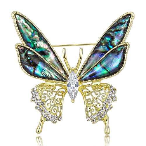 alliage de zinc broche, papillon, Placage de couleur d'or, pour femme & avec strass, 48x47mm, Vendu par PC