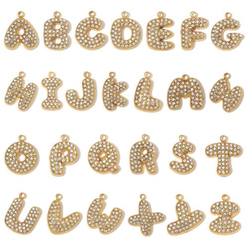 Rostfritt stål Häng Brev, ROSTFRITT STÅL, guldfärg pläterade, bokstäverna är från A till ö & DIY & olika stilar för val & med strass, fler färger för val, 13x15mm, Hål:Ca 1.8mm, 3PC/Bag, Säljs av Bag