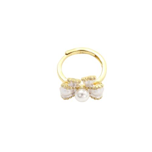 Prás Ring Finger, le Pearl Plaisteacha, Bowknot, dath an óir plated, micrea réiteach zirconia ciúbach & do bhean, 25.70x20.20x14.80mm, Méid:6, Díolta De réir PC