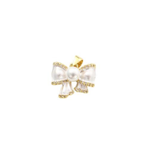 Kubni cirkonij Micro Pave Brass Privjesak, Mesing, s Plastična Pearl, Bowknot, zlatna boja pozlaćen, možete DIY & micro utrti kubni cirkonij, 14.80x17.50x8mm, Prodano By PC