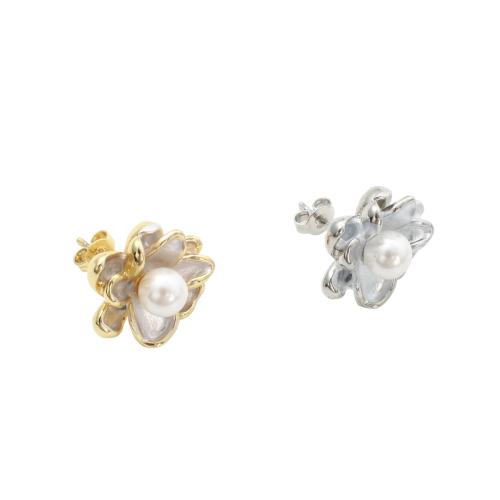 Mosazné náušnice příspěvek, Mosaz, s Plastové Pearl, Květina, pro ženy, více barev na výběr, 20x15.60x15.60mm, Prodáno By Pair