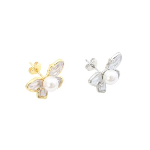Mosazné náušnice příspěvek, Mosaz, s Plastové Pearl, Motýl, DIY, více barev na výběr, 19.20x18.80x13.18mm, Prodáno By Pair