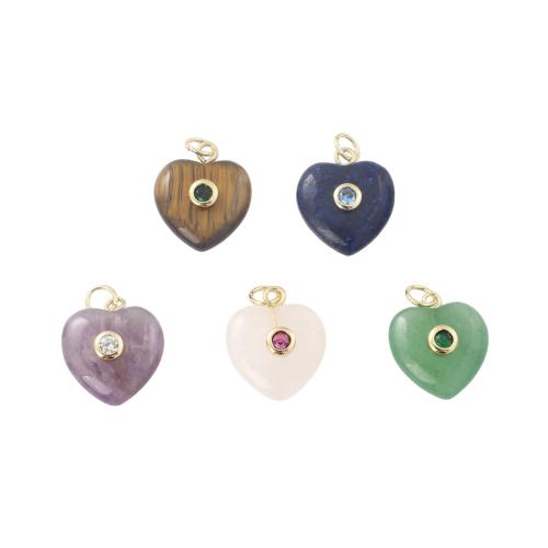 Bijoux Pendentifs en pierres gemmes, laiton, avec pierre gemme, coeur, Placage de couleur d'or, DIY & pavé de micro zircon, plus de couleurs à choisir, 17x15x6.40mm, Vendu par PC