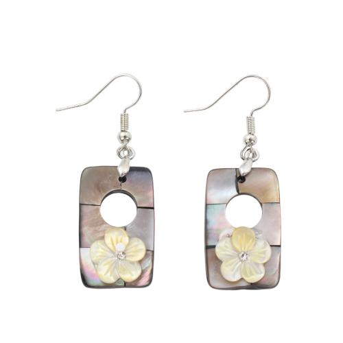 coquille noire Boucle d'oreille goutte, avec laiton, rectangle, bijoux de mode & pour femme & avec strass & creux, 50x17x5.70mm, Vendu par paire