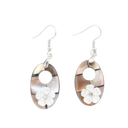 coquille noire Boucle d'oreille goutte, avec coquille blanche & laiton, ovale plat, bijoux de mode & pour femme & avec strass & creux, 52x18x4.90mm, Vendu par paire