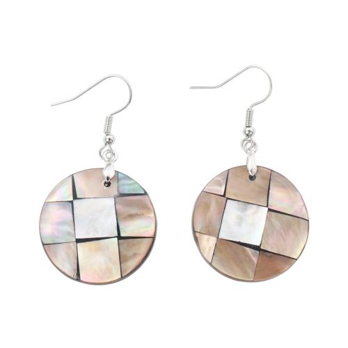 Black Shell Drop Earring with Brass Flat Round fashion jewelry & for woman Sold By Pair