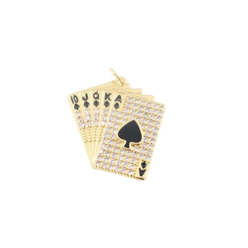 Kubické zirkonie Mikro dláždí mosaz s přívěskem, Poker, barva pozlacený, DIY & micro vydláždit kubické zirkony & smalt, 23.90x23.20x3.40mm, Prodáno By PC