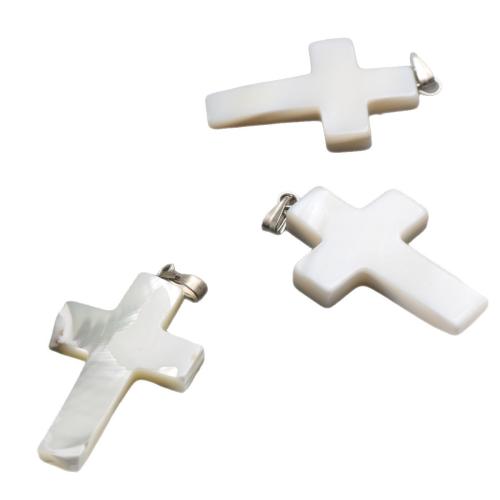 Natural White Shell Pendler, Kryds, poleret, du kan DIY, hvid, 33x20mm, Solgt af PC
